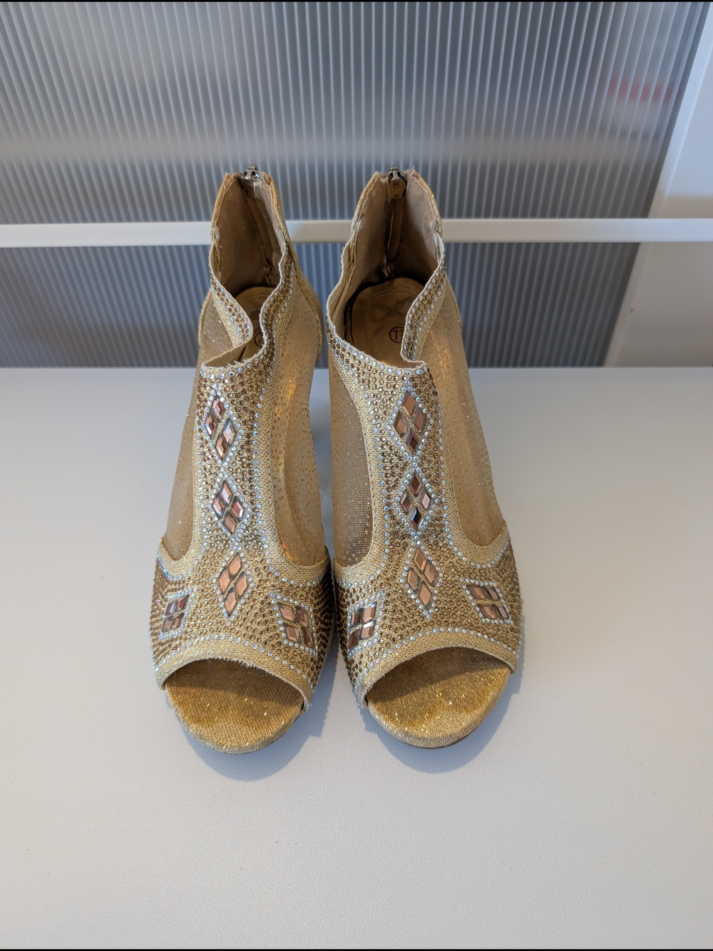 Gold Embellished Peep-Toe Women's Heels - Picture 2 of 8